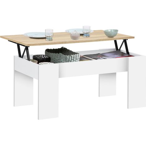 Idmarket – Table basse relevable rectangulaire – Plateau en panneaux de particules – Dimensions 100x50x45 cm – Design moderne blanc et imitation hêtre