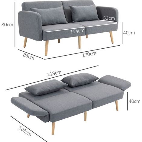 Canapé-lit 3 places, 170 x 83 x 80 cm, dossier 3 positions, pieds réglables, gris aspect lin (1/3)