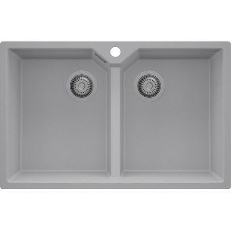 PRIMAGRAN Evier Cuisine en Granit 78x50cm,Lavabo 2 bacs + Kit de Vidage, Évier à Encastrer au meuble 80cm - Madrid Twin, Gris