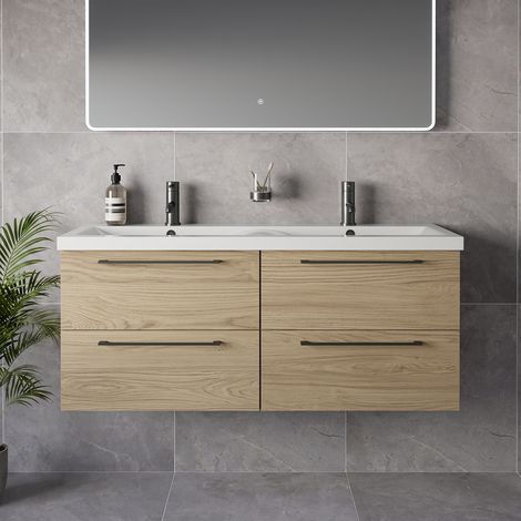 Napoli 390 Light Oak 1200mm Wall Mounted 4 Drawer Vanity Unit with Double Glide Basins - 1200mm - Gunmetal Grey 320mm Handle