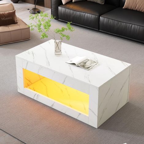 Table basse rectangulaire - 100x50x50cm - LED - laquée brillante - imitation marbre - Blanc (1/5)