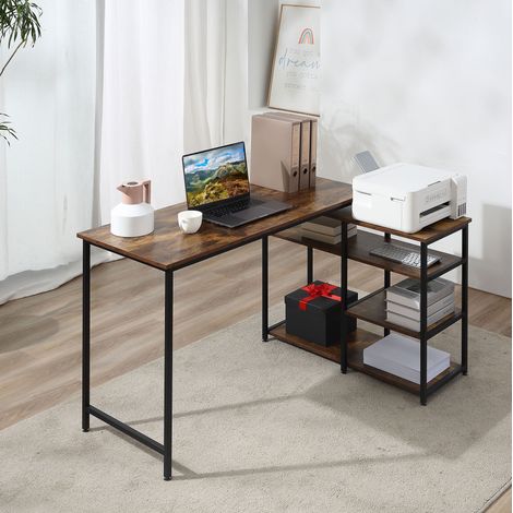 Escritorio esquinero 135x90x79 cm negro en madera con estantes diseño en L (1/5)
