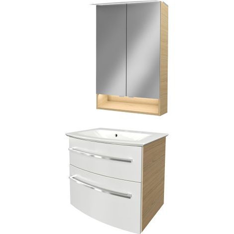 Fackelmann B.STYLE Badmöbel Set – Waschbecken mit Unterschrank und LED-Spiegelschrank in Weiß mit Holz braun – Waschbeckenunterschrank 60 cm hängend breit – Badezimmermöbel in Sandeiche Holzoptik"-"90 (1/5)