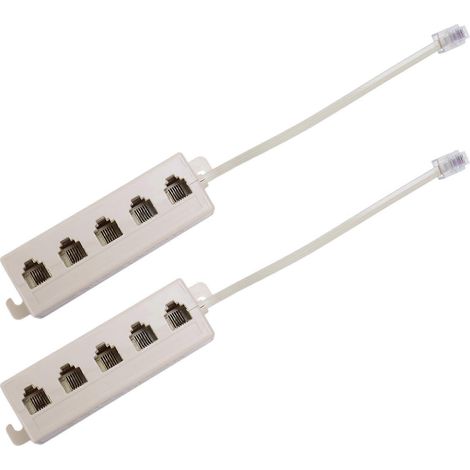 Adaptateur répartiteur de ligne téléphonique : 2 prises mâles RJ11 6P4C beiges vers 5 prises femelles 6P2C. (1/5)