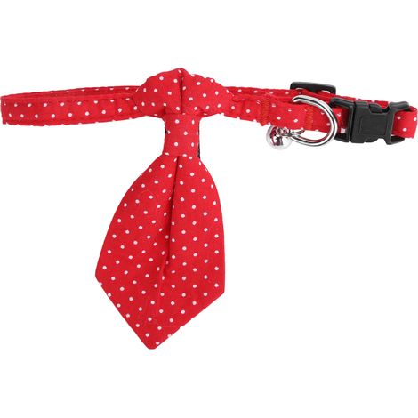 Rotes Hundehalsband mit weißen Punkten, Fliege, verstellbarem Baumwollband und Glöckchen. Haustierzubehör. Rotes Halsband mit weißen Punkten, Größe M. (1/5)