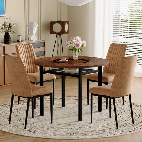 Set tavolo da pranzo 5 pezzi, tavolo rotondo 100x100x76 cm, con piano in vetro-MDF e gambe in nero, 4 sedie comode, marrone (1/5)