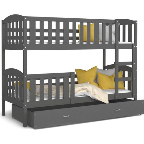 Lit  superposé  LUNA 90X190 cm - 2 Matelas , 2 Sommiers et Tiroir inclus Gris (1/3)