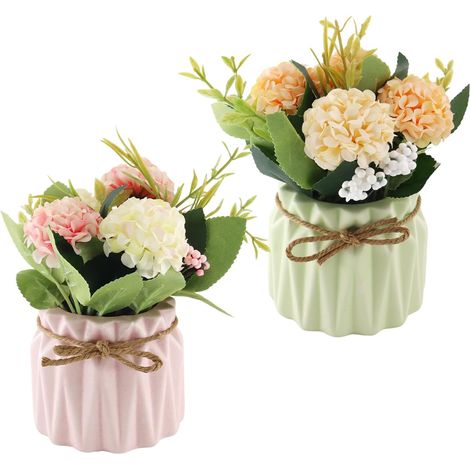 Künstliche Blumen im Topf mit Keramikvase, 2 Stück, künstliche Blumen im Topf für Heimdekoration, geeignet für Hochzeiten, Büros und Esstische, Rosa, Grün (1/5)