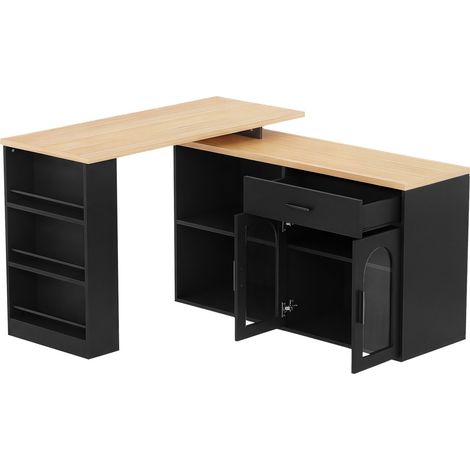 Kücheninsel 360° drehbar mit Schrank, Schublade und Regalen, MDF schwarz/natur (1/5)