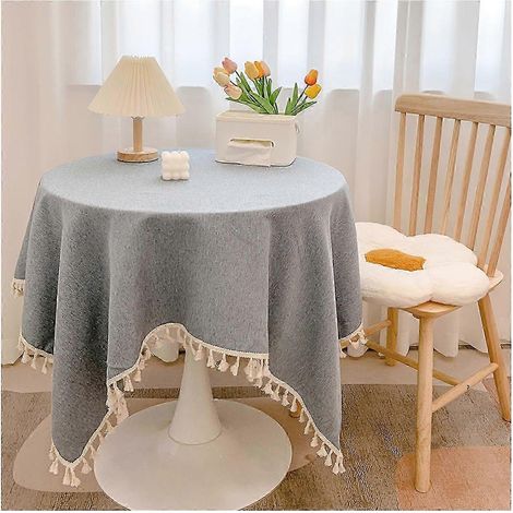 Nappe ronde en coton et lin avec franges lavable coloris uni pour la décoration de la cuisine et de la salle à manger - 60 x 90 cm - Gris bleu (1/5)
