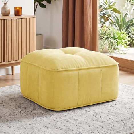 Pouf compresso Neche, poggiapiedi, rivestimento in poliestere, sgabello da soggiorno, schiuma ad alta densità 32D, 76x69x46 cm, giallo (1/5)