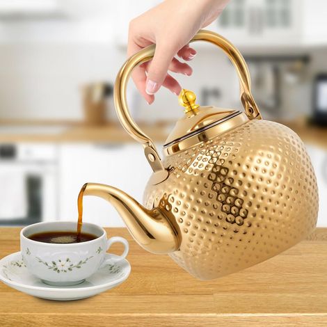 Retro Edelstahl Teekessel mit Siebaufsatz Hitzebeständig Herausnehmbaren Edelstahl Filter Sieb Gold Teekocher Teapot für Induktionsherd Alle Herdarten 2L (1/5)