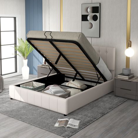 Letto imbottito 140/200 cm bianco crema di velluto con contenitore idraulico e testata regolabile (1/5)