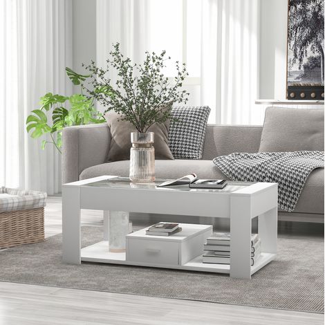 Tavolino bianco 100 x 50 x 40 cm con piano in vetro e vani portaoggetti DESVIAE (1/5)