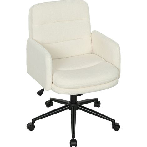 Silla de oficina giratoria con ruedas, tapizado de tela, reposabrazos, color blanco crema (1/5)