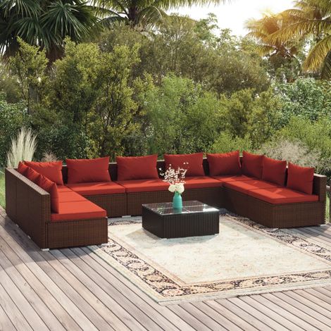 10-tlg. Garten-Lounge-Set mit Kissen Poly Rattan Braun (1/5)