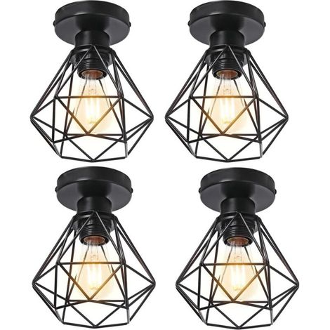 4x Plafonnier stoex luminaire industriel vintage design rétro cage diamant en fer forge, Lampe de plafond métal E27 pour cuisine salon chambre (Noir) (1/4)