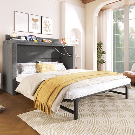 Lit escamotable 140x200 cm avec 1 tiroir et ports USB et Type-C, rangement modulable, en lin, gris, sans matelas (1/5)