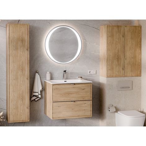 Ensemble Complet Meuble Vasque 60 cm + Vasque + Miroir LED + Colonne + 2 meubles hauts - Caldera Clair - Livraison gratuite