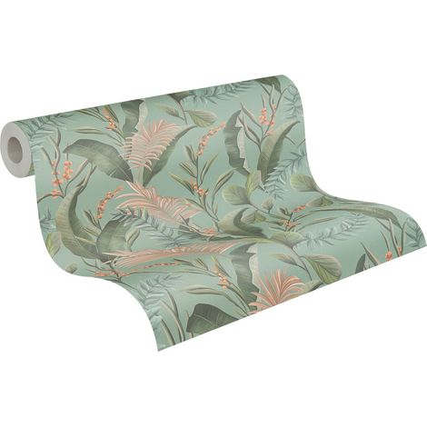 Papier peint vert nature sur fond bleu Tapisserie feuillages plantes style tropical Papier peint floral orange idéal bureau et cuisine (1/5)