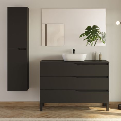 Meuble de salle de bain 120cm avec plateau et vasque arrondie Zeus - 3 tiroirs et colonne de rangement - noir mat - MATA