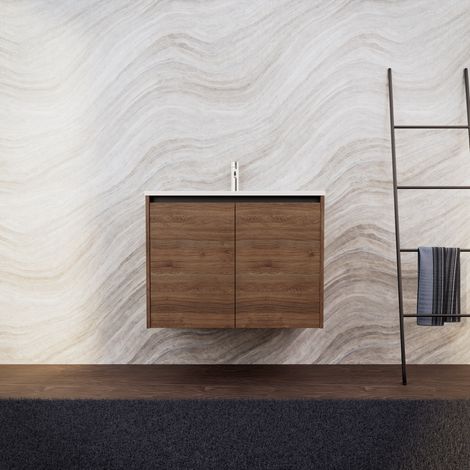Inda - Badezimmerschrank B.80 mit mattiertem Waschbecken / Braune Eiche 2 Türen - Saphir