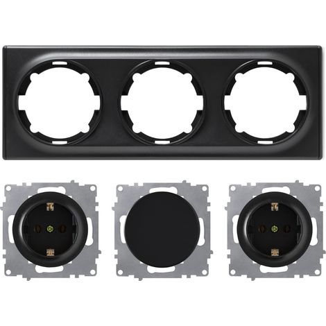 Plaque de finition 3 postes Florence + 2 Prises avec terre + 1 Interrupteur simple - noir (1/5)