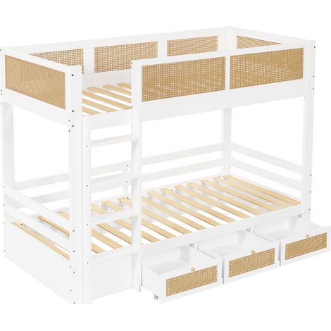 Letto a Castello 90×200 cm, Letto Singolo con 3 Cassetti, Sponde di Sicurezza e Scala, senza Materasso, Bianco Naturale (1/4)
