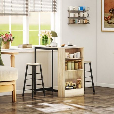Ensemble table haute 3 pièces avec 2 tabourets, table de bar avec rangements, 91 x 49 x 91 cm, style moderne, chêne et noir (1/5)