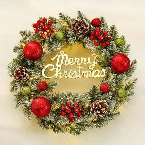 Künstlicher Weihnachtskranz, 30 cm, mit Tannennadeln, Beeren und Schneeflocken - festliche Dekoration, geeignet für den Innen- und Außenbereich, mit Lichtern - Weihnachtsdekoration.