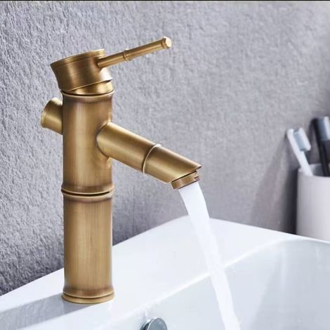 European-style antique all-copper faucet, retro bamboo-style bathroom faucet for hot and cold water basins and washbasins -- Bamboo-style protruding low version
