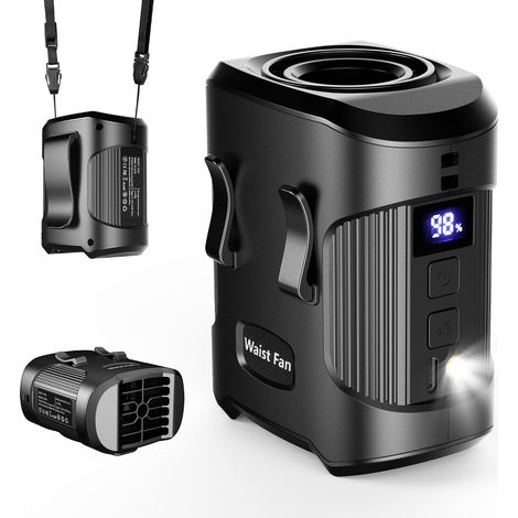 Ventilateur portable à pince ceinture 3000 mAh, 3 vitesses, éclairage LED orientable à 360°, mode mains libres pour les voyages et le travail (1/4)