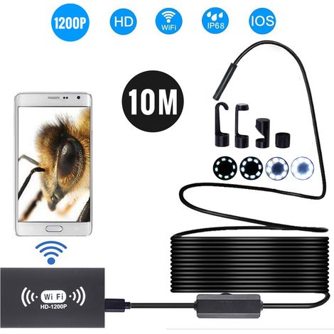 Caméra endoscopique sans fil 8 mm IP68 étanche WiFi Inspection 2,0 MP HD 8 LED Câble semi-rigide Endoscope pour iPhones iPads Appareils Android et PC Noir 10 M (1/5)