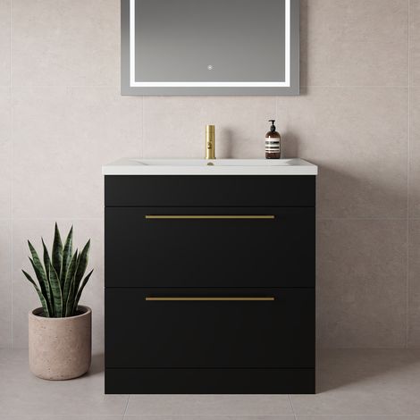 Napoli 460 Matt Black 800mm 2 Drawer Vanity Unit with Glide Basin - 800mm - Brushed Brass 480mm Handle