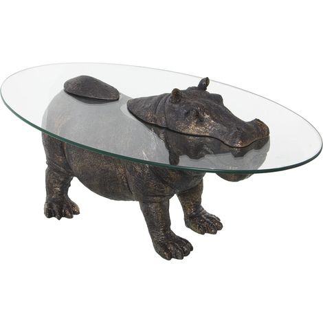 Table Basse avec Un Hippopotame en résine doré Vieilli et Verre Transparent 80 x 50 x 37 cm (1/4)