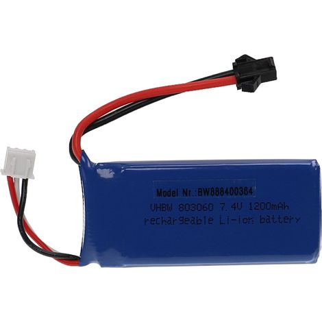 vhbw Battery compatible with SM-2P Plug for Model Making Device e.g. Racing Car, Helicopter (1200mAh, 7.4 V, Li-polymer, 70 x 30 x 18 mm)