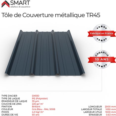 Bravo The Smart Solution – Tôle bac acier toiture TR45 – Coloris gris anthracite RAL 7016 – Dimensions 2000x1050x0.63mm – Solution économique pour toitures annexes (1/5)