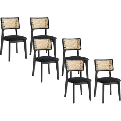 Sedia in velluto, effetto vimini e legno di teak Nero - Lotto di 6 - CALENYA (1/5)
