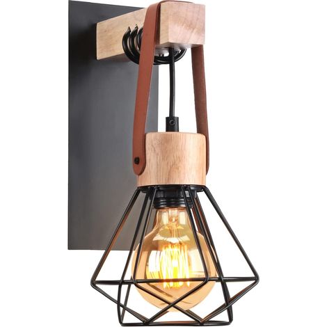 Applique Murale Industrielle - 1 Pièce - Fer et Bois Rétro - Suspension Ajustable en Cuir - Salon Chambre Cuisine - Noir 25x10cm (1/5)
