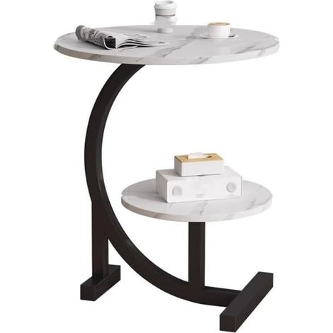 2-tier sofa side table, modern small coffee table with faux marble top and C-shaped legs, round side table, faux marble top and metal frame