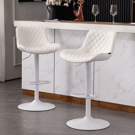 Lot de 2 Tabouret de Bar Réglable en Hauteur avec Dossier Chaise de Bar Pivotante Moderne Design en Faux Cuir pour Cuisine, Bar, îlot de Cuisine (Blanc) (1/5)