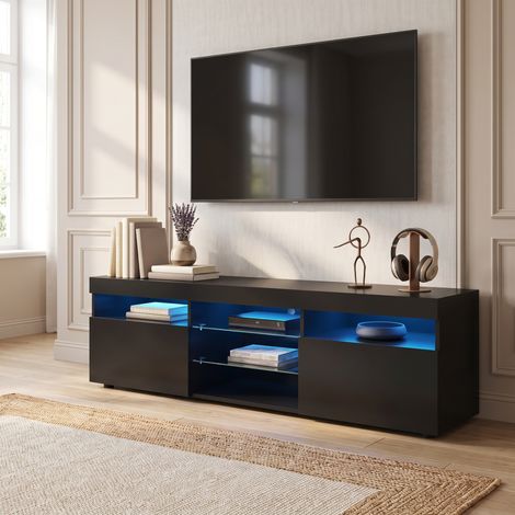 Meuble TV 180 cm avec Éclairage LED et 3 Portes, Étagère en Verre, Style Moderne, Noir (1/5)