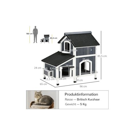 Maison pour chat en bois de sapin, 2 étages, abri pour chat avec plusieurs entrées, maison étanche pour petits animaux avec toit en asphalte pour extérieur (1/5)