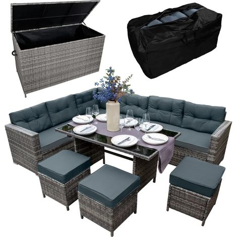 Rattan Corner Set & Storage Box - Grey