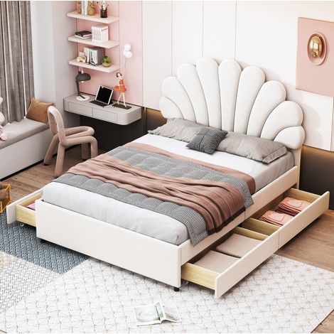 Polsterbett 140/200 cm Beige aus Samt mit blütenförmigem Kopfteil und 4 Schubladen (1/5)