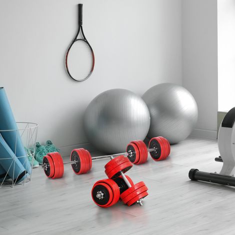 Set di manubri da 30 kg, manubri e bilancieri regolabili 2 in 1, sollevamento pesi per fitness a casa, sviluppo muscolare, rosso e nero, 21,5 x 21,5 x 3,8 cm