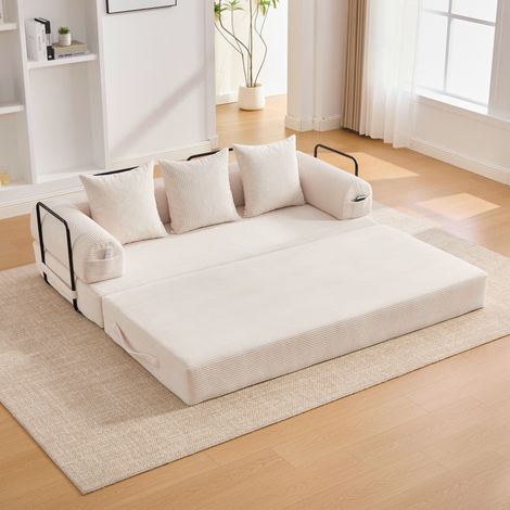 Canapé modulable 3 places en velours côtelé beige, structure métal et 3 coussins (1/5)