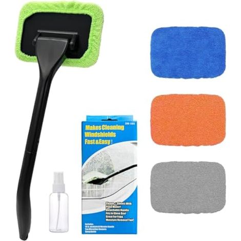 Ohleats Outil de nettoyage de pare-brise de voiture, nettoyeur de vitres en microfibre avec 4 chiffons lavables et réutilisables et longue poignée, kit de nettoyage d'essuie-glace avec flacon (1/5)