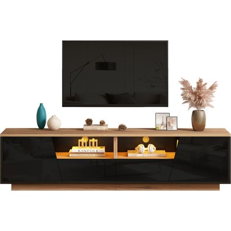 CHICFURN Meuble TV LED 180 cm noir et bois clair, 2 portes, 2 tiroirs, 2 niches ouvertes, finition brillante frontale, pour téléviseur jusqu'à 75 pouces (1/5)