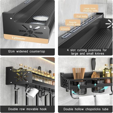 Support ustensiles de cuisine mural – Étagère à épices avec crochets – Rangement pour spatule et cuillère – 50 cm – Installation facile et hygiénique